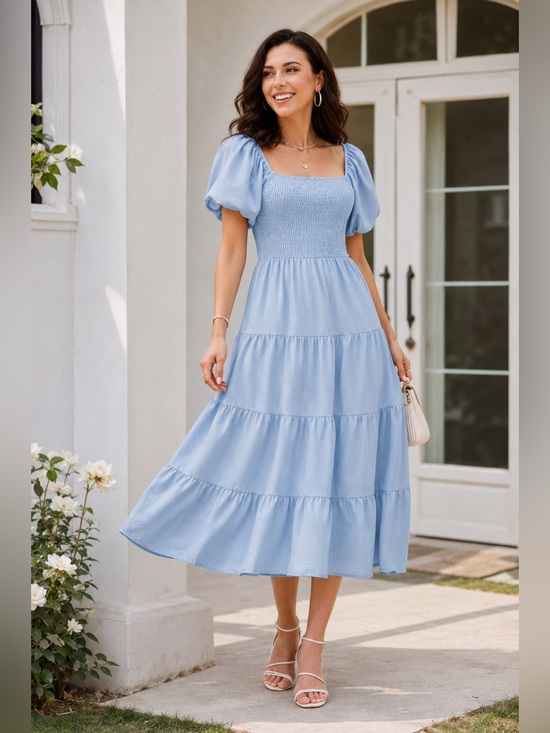 PrettyGarden Dresses & Skirts - PRETTYGARDEN Blue Tiered Smocked Midi Dress Large Puff Sleeve Cottagecore